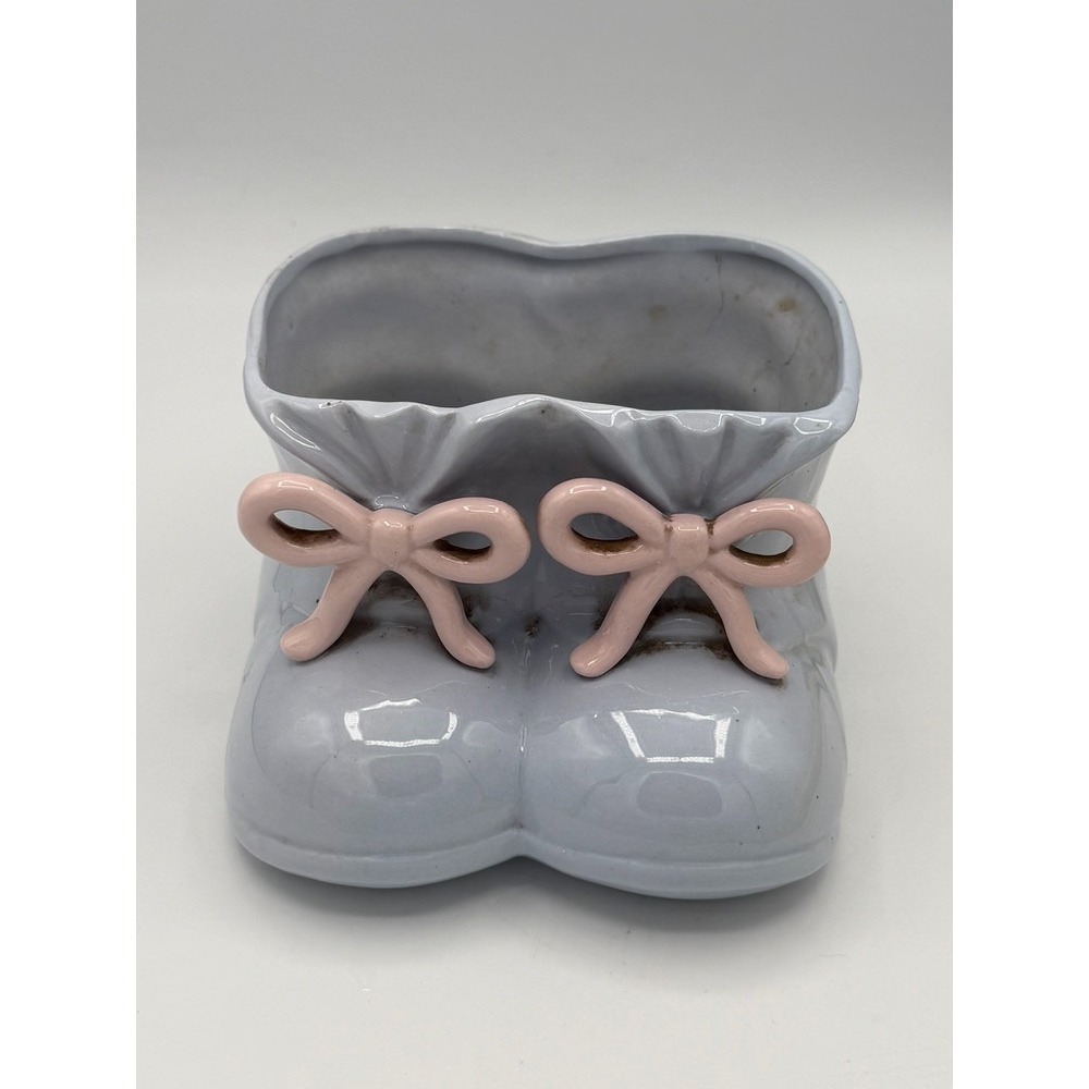 Vintage Baby Booties Planter Blue Pink Bows Velco-1 Ceramic Nursery Decor